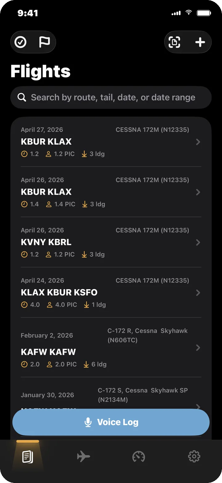 DaPilot Flights list on iPhone:chronological flight log with route, aircraft tail, decimal hours, and PIC time per row